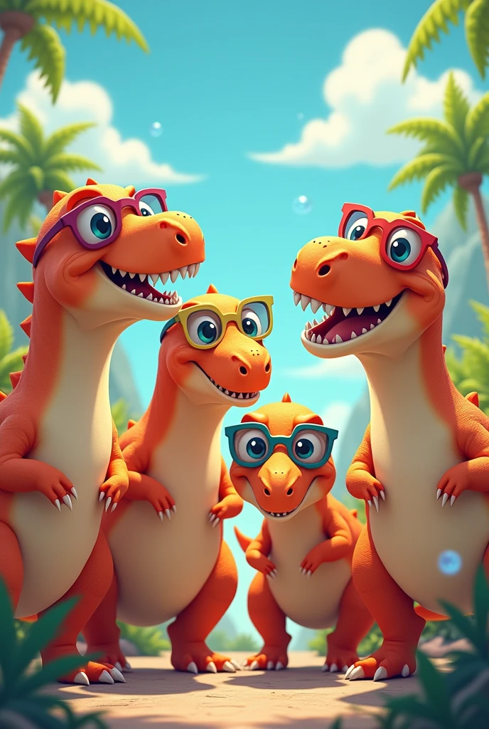 Dinosaurs wearing cool glasses take pictures together, selfies, anime 4 characters, chubby, not scary