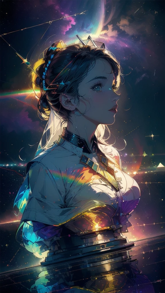 (((masterpiece, highest quality))),(((solo:1.2))),(((1girl:1.2))),32k wallpaper, very detailed, poster, vintage science fiction,(((((geometric cinematic movie poster))))), ((((bauhaus)))),(((abstract))),((((mid century modern)))),(((((portfolio))))),(((((Close-up))))),(((((bust up))))),((((more various angle)))),(((highlight))),((((heterochromia)))),(((complete. detailed face))),(((Extremely talented))),(((most complecated machine))),(((Overall colorfully))),((((((Absolutely Fantastic background)))))),(((amazing huge rainbow))),(((reflection eternal nebula)))