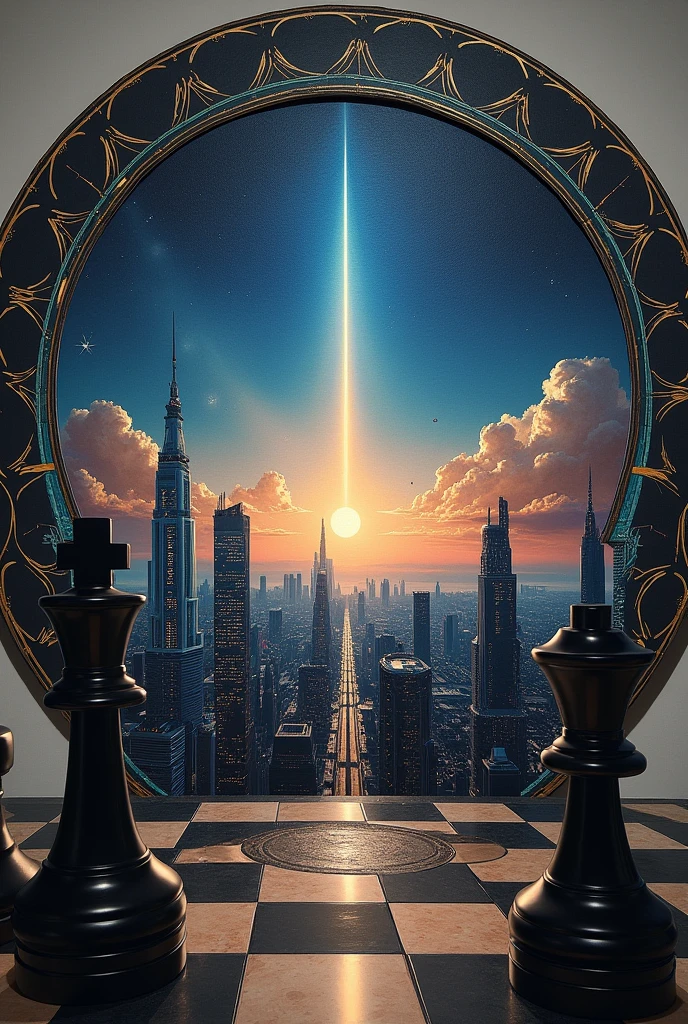 The image shows a painting: 
The painting has a circular frame in the shape of an ouroboros., The canvas depicts a futuristic city with large skyscrapers, with a shooting star streaking across the night sky in the distance.. 
Outside the painting two chess pieces can be seen, one the black king and the white king. 