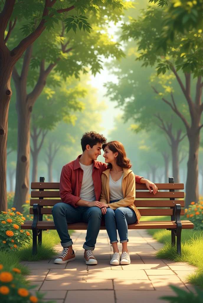Ek Ladka aur ek ladki park ke andar bench per baithe ho.