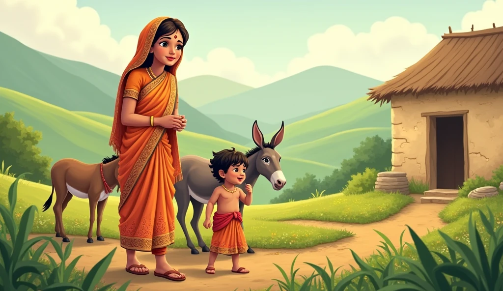 Create an cartoon image of a farmer one women wearing saree and one young boy and one donkey and hut and village and beautiful background
Can change the dress of farmer in kurta and pyjama