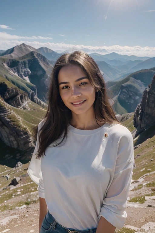 (8 K, Best quality, masterpiece, ultra high resolution: 1.2) Image of a woman, standing on top of a mountain with her face raised, looking forward with confidence, against the backdrop of bright sunshine. There is a slight smile on her face., symbolizing inner strength and self-confidence, post on instagram, psychology