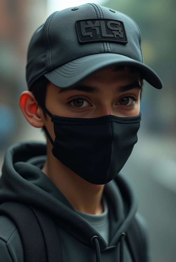 A 19 year old boy who weard sports cap, hoodie and medical black mask from side angle