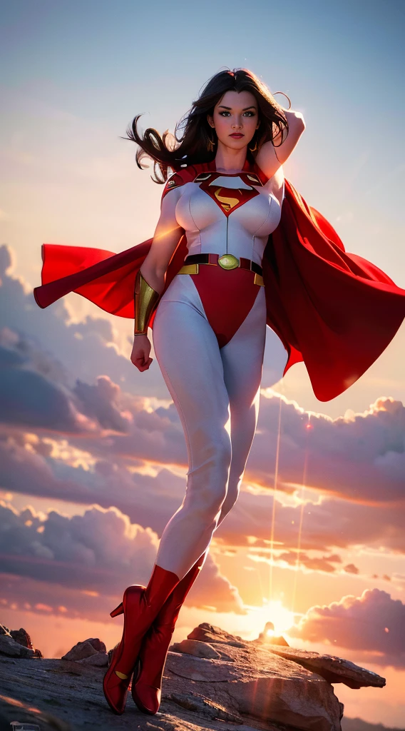 Superman (Miss, Superman costume in white with red and gold details) From DC Comics, Full body picture, Reality, High Detail, Practical, masterpiece, absurd, best quality, HDR, high quality, 8k wallpaper, Intricate details，Hyper Girl
