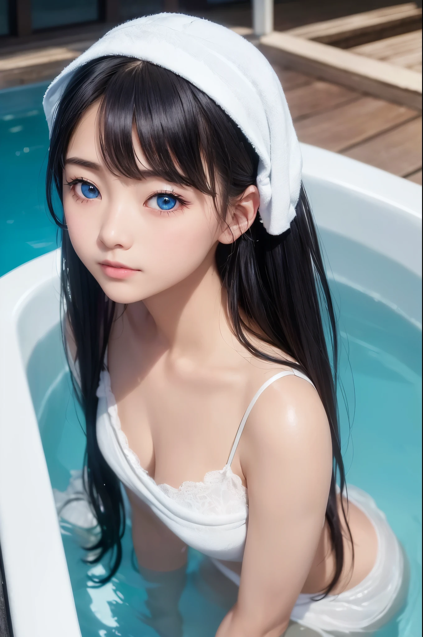 ((masterpiece)), ((highest quality、Ultra high definition)), (Very detailed),((8k、Photo quality))、((Amazingly cute girl))、(-yeld gi)、Two people, , (Beautiful emerald blue eyes), ((smile)),((A luxurious Japanese-style open-air bath at a high-class hotel)), Beautifully arranged black hair in twin tails、Slim Body、(Cute little breasts)、(((They are wearing a white bath towel wrapped around their body.)))、Professional Lighting、(White lace knee-highore detailed and beautiful)、(More details and cutenesore realistic)、((Just wear light clothing))、Frolic in the pool、(Too cute)、(The embodiment of cuteness)、(Godly cuteness)、((Night view))、((It seems visible but it's not))、