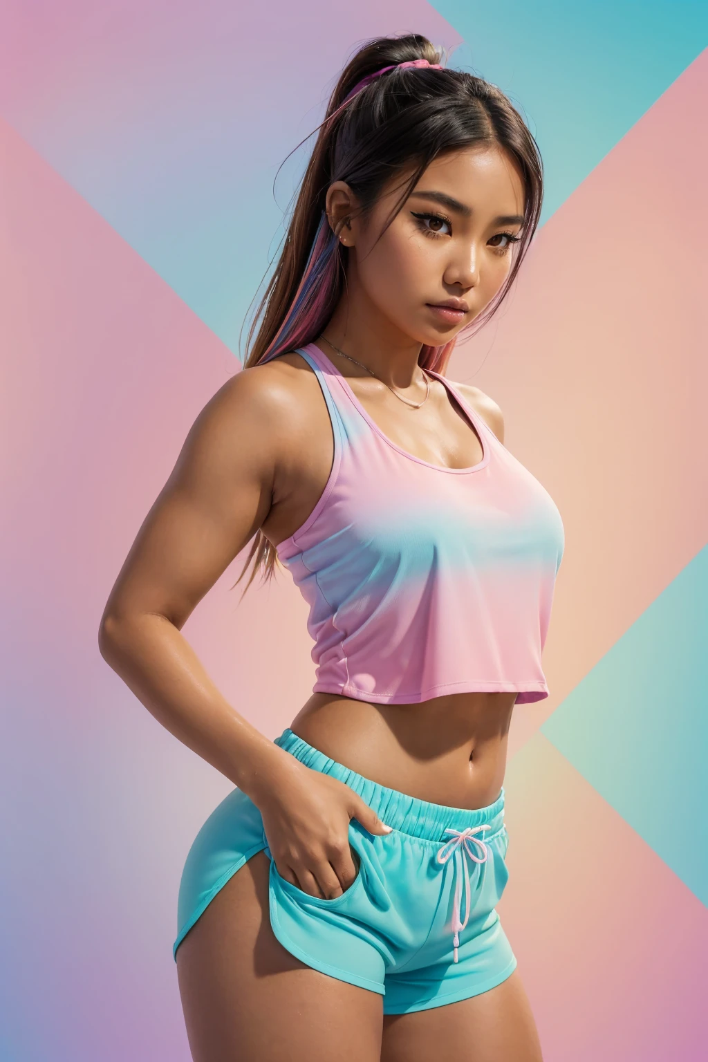 (Sexy tanned Polynesian|Asian woman, 1girl:1.2, thicc hourglass figure, perfect eyeliner:1.2), (masterpiece:1.4, best quality), medium breasts, unity 8k wallpaper, ultra detailed, (pastel background, wearing gym shorts and colorful tank top:1.3), alluring pose, upper body, ass, beautiful and aesthetic, detailed, solo