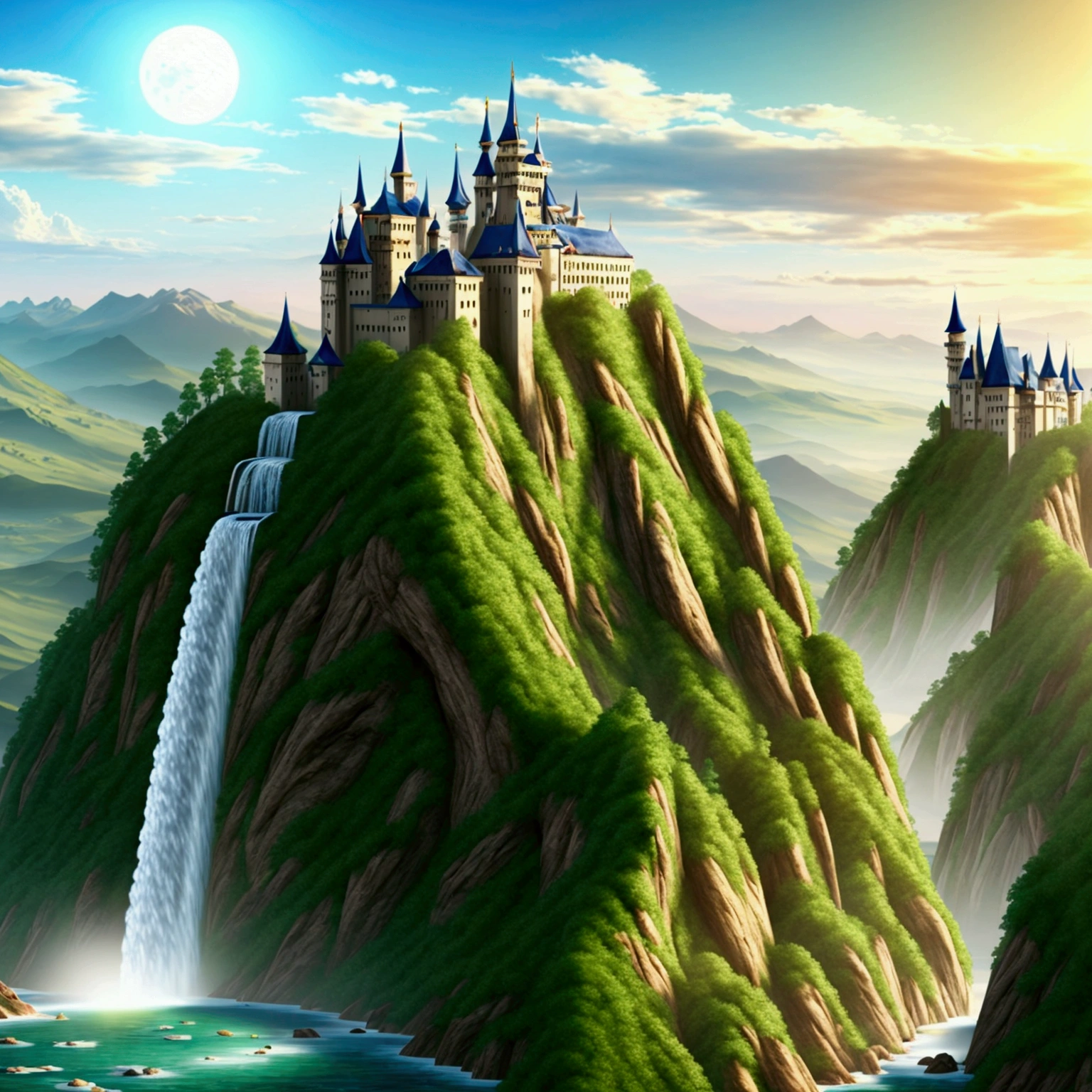 Huge Castles and Skyscrapers Floating in the Sky Cyberpunk Isekai Fantasy High Quality Ultra High Definition Utopia 8K Giant Waterfall Mother Nature