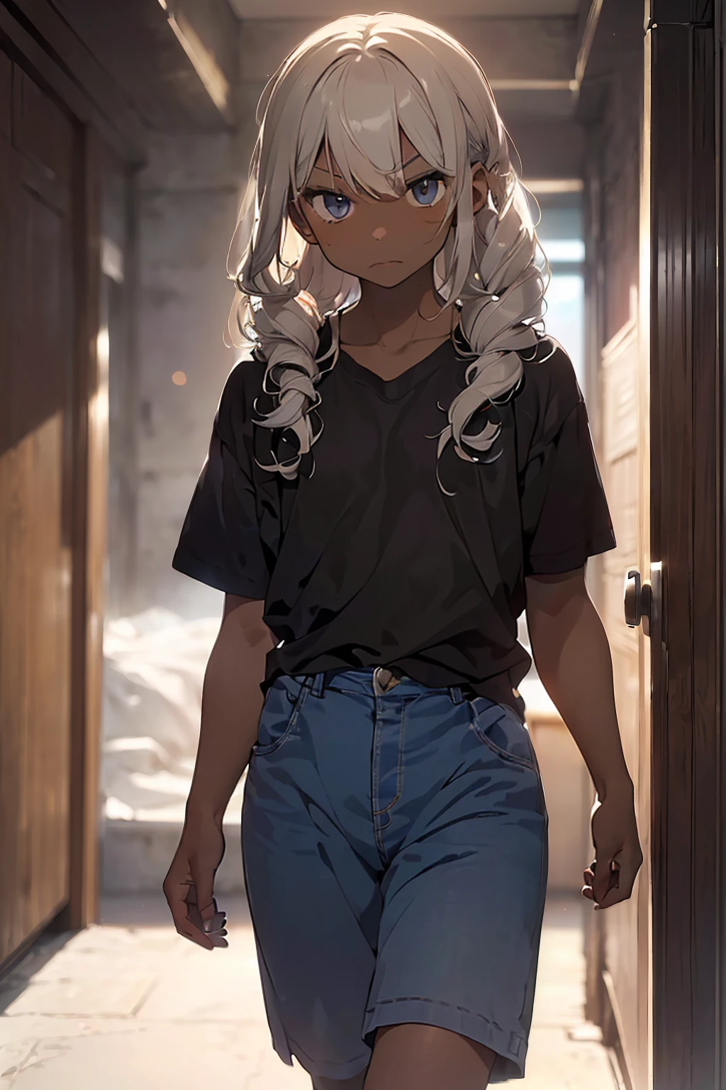 (Boy1 solo:1.5),(Young 17-year-old boy, with average physical appearance and a height of 1.80m).(dark skin color: 2.0),(his face has a youthful oval shape. His eyes are brown and,(his hair is short, black and frizzy curly: 1.5).(His face has mixed facial features, with a thick, flat nose, and a large but slightly thin mouth. His build is athletic and very average for a 17-year-old ager, with very slight muscles. He walks with confidence, his expression serious, but his eyes shine with a restrained energy. His presence is imposing and magnetic, drawing the attention of everyone around him.)