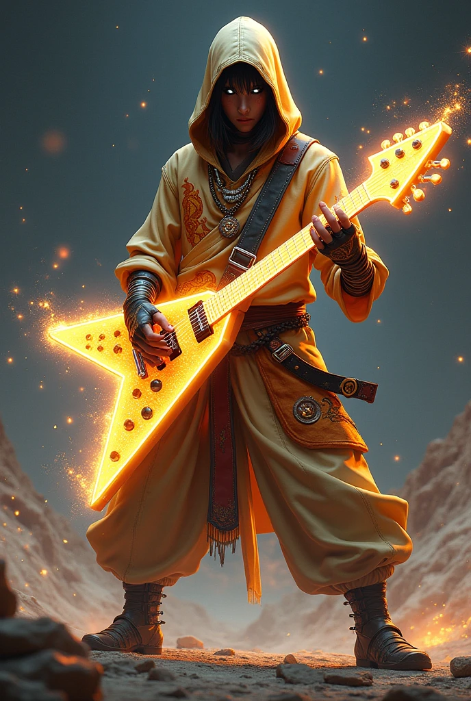 Personnage inspiré ninja rocker avec une guitare électrique qui ressemble a une étoile  avec des effet scintillante est éclatant d'étoiles une étoile sur le milieu de la guitare avec une étoile filante sur la guitare un costume de ninja avec une capuche de ninja avec un dragon dessiné sur sa capuche  Des chaussures de métal avec des pique sur c'est chaussure des motif sur sont qui sont jaune clair orange pâle est noir des yeux noir est blanc un collier en forme d'étoiles sur sont cou est un côté de combattant dangereux 