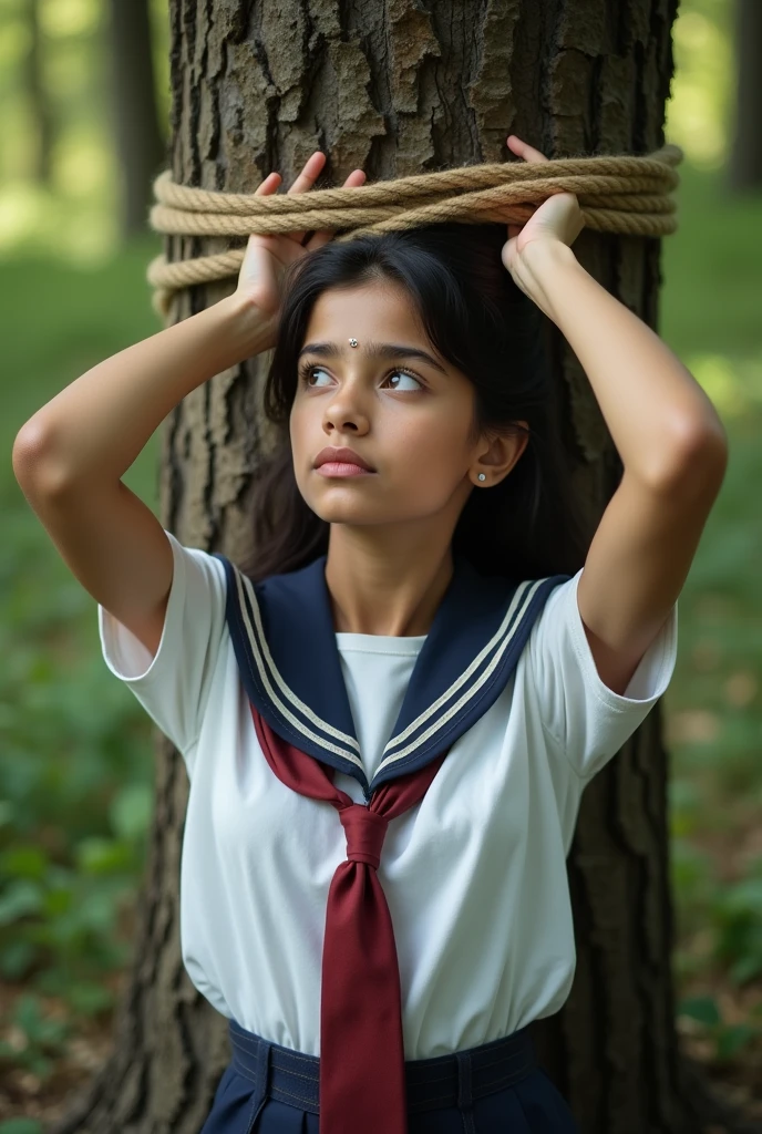 Beautiful White Indian  girl in school uniform, realistic photo, large breasts , hands tied up to a tree with ropes, hands above head, summer forest, detailed hands and face and eyes, looking away, full body, shot from above, 16k UHD
