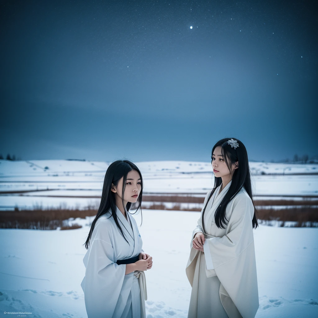 A realistic depiction of a Yuki-onna, Ghostly female nurse in Japanese folklore, Visible from very far away. She has white skin, Long black hair, Wearing a loose white kimono. The background is a snowy landscape, Beautiful and eerie, Spooky atmosphere. To enhance the supernatural sense、High resolution images with detailed textures and lighting. From a point of view, She is small, A mysterious figure in a vast landscape.