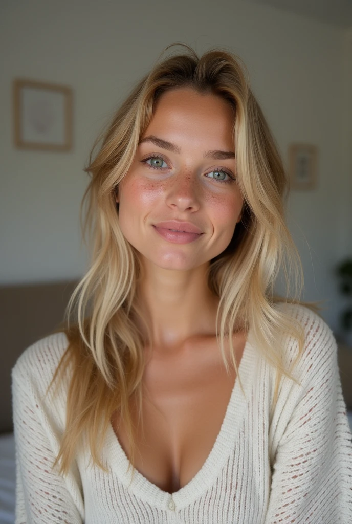 create an influencer,blonde hair,Scandinavian,light eyes,light brown skin,spotty,girl next door,Natural photo, spontaneous photo,55 mm linse, Permissive,at home, Background also sharp,smiling, further away from the camera ,natural posture, do not look into the camera, whole body should be visible whole body length legs, in bed in the morning