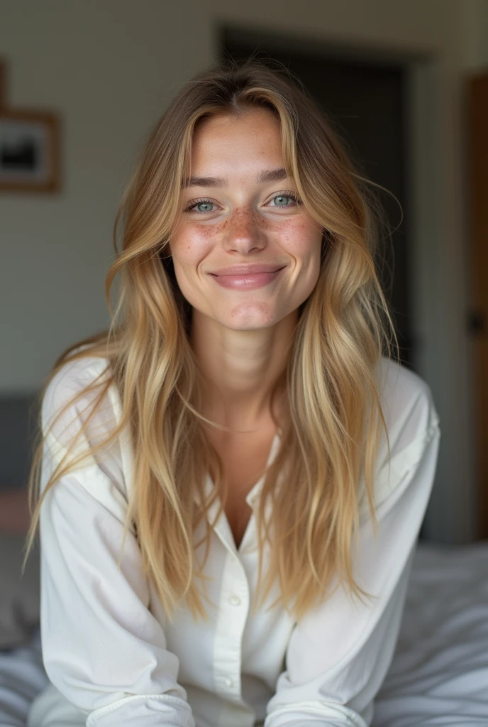 create an influencer,blonde hair,Scandinavian,light eyes,light brown skin,spotty,girl next door,Natural photo, spontaneous photo,55 mm linse, Permissive,at home, Background also sharp,smiling, further away from the camera ,natural posture, do not look into the camera, whole body should be visible whole body length legs, in bed in the morning