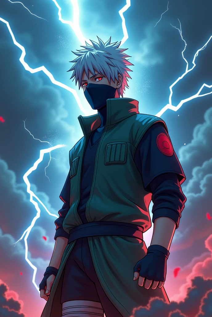 Kakashi Hatake , Black mask, silver hair, full body, lighting charged,storm clouds behind, lightning, luminous, glow,unreal lighting, dramatic lighting, trippy, storm effect,beautifully color - coded, extremely beautiful, cosmic water color splashes,photo-realistic, 3D model showcase, dynamic angle, extremely detailed, ultra hd, hdr