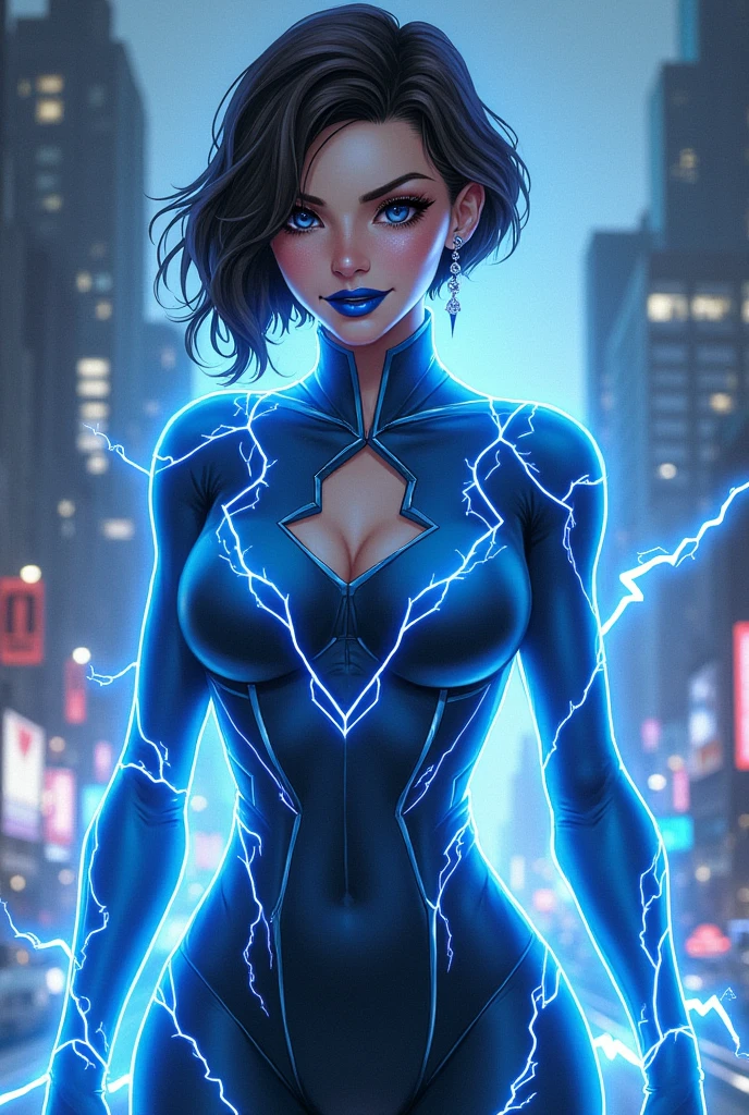 Full body image of a (((supervillain lady))) with electrifying powers and a costume inspired by lightning, featuring brunette cropped hair and a smirk with striking blue glossy lips, piercing blue eyes, exuding an air of feminine menace and playful malice, (((destructively dominating a city))), with defeated heroes scattered about.