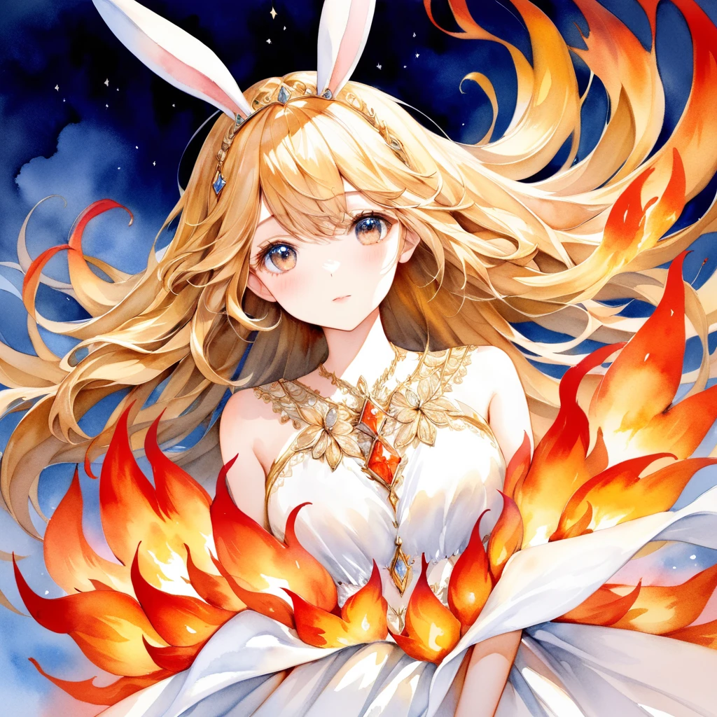 close up face, dynamic angle, ultra intricate, ultra detailed, watercolor painting {The fluffy fairy bunny clad in flames appears as if she has flown out of a fantasy world. Her is covered in soft feathers, from which flames gracefully rise. Her long rabbit ears are also enveloped in flames, swaying and emitting a dazzling light. Her eyes are a shining gold, giving hope and courage to those who see her. Her movements are light and airy, as she floats through the air.} . vibrant, beautiful, painterly, detailed, textural, artistic, visible paper texture, colorwash, watercolor