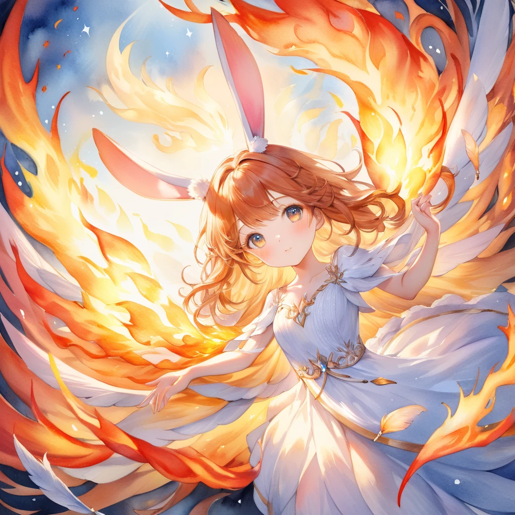 close up face, dynamic angle, ultra intricate, ultra detailed, watercolor painting {The fluffy fairy bunny clad in flames appears as if she has flown out of a fantasy world. Her  is covered in soft feathers, from which flames gracefully rise. Her long rabbit ears are also enveloped in flames, swaying and emitting a dazzling light. Her eyes are a shining gold, giving hope and courage to those who see her. Her movements are light and airy, as she floats through the air.} . vibrant, beautiful, painterly, detailed, textural, artistic, visible paper texture, colorwash, watercolor