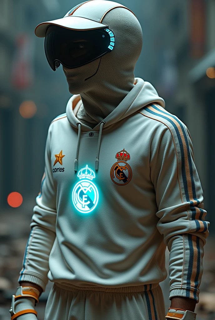 The Madridista Time Traveler • Description: A character that combines the past and the present. Imagine an old Real Madrid uniform, but with futuristic details like LED lights on the team shield. The balaclava could have a retro design, and the cap could be a space visor.

• Additional elements: You could wear a small temporary device on your wrist or a glow-in-the-dark soccer ball..
