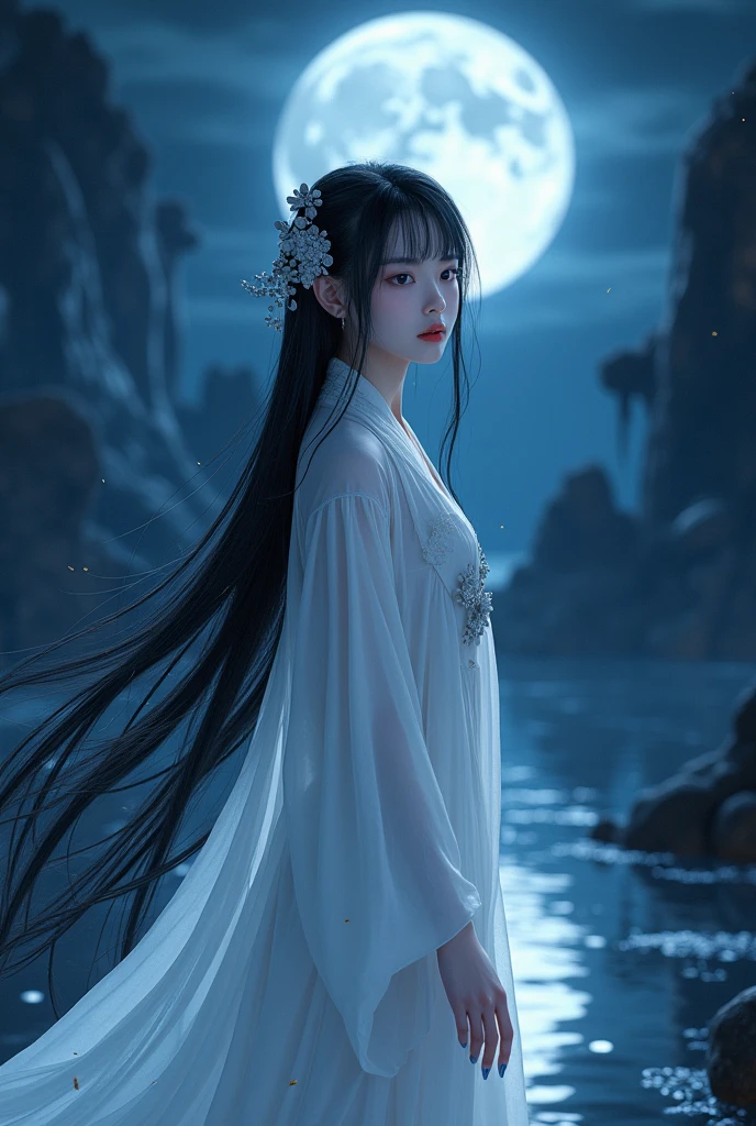 Generate an image of Artistic portrait, Night view, Twilight, Moonlight, Black Forest landscape, Blue hour, Full body shot,Historical Chinese outfit theme, Androgynous fairy looking guy with long waist black hair,black innocent dragon eyes,porcelain skin,red lips and wearing an all white robe,no shoes and long hand nails.In the style CG historical chinese anime manhua