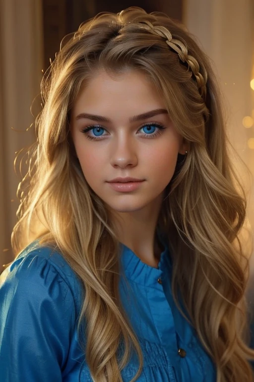 a 23 years old royal princess with blonde long hair, and blue eyes. look so charm and calm