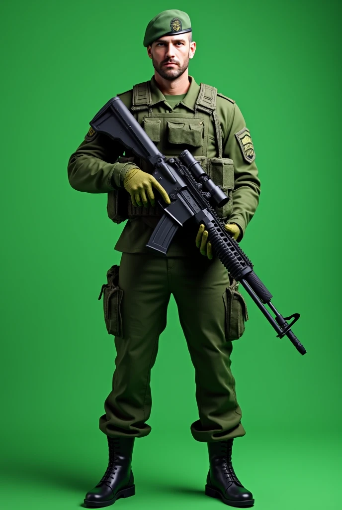 straight viewed, green uniform, male military Will is a warrior, military cap on head, Big gun in hand, Plain full green screen background
