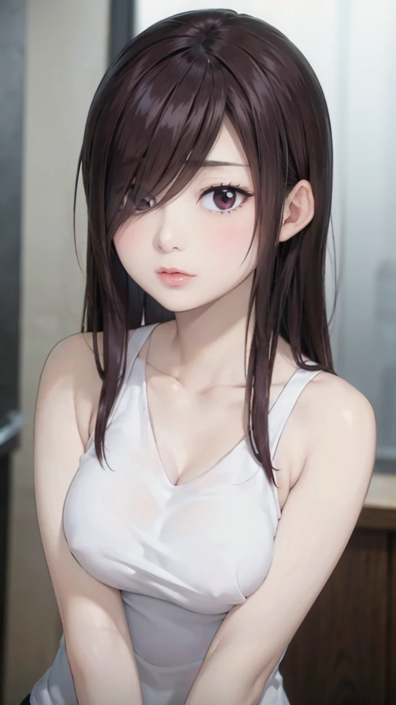 1 girl,standing,Cute, mature women,sexy tanktop,realistic skin, beautiful face,saggy breast, nipple out,muted colours,pale white skin, unreal engine,black hair, long hair, (hair over one eye:1.4), Messy hair,hair between eyes ,sleepy eyes,pubic hair pussy,dense pubic hair, blush-on, pucker lips.