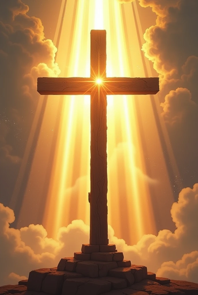 Generate an illustration of the Cross with rays of light descending from the sky around the Cross