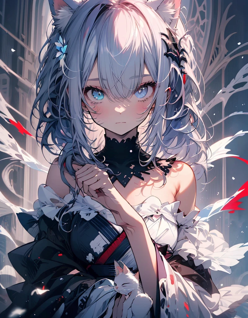 [[[ Very detailed, Highest quality, Soft Skin, beautiful, 4K]]] Gray Hair, ((White cat ears)), ((Perfect demon red and black eyes)) , ((White and blue eyes)) ,((Heterochromia iridis)), Tied Hair, Slender body, Dynamic Angle, White choker, A loose-fitting white and blue kimono (Off-the-shoulder kimono ) , ((Half-evil expression)) , ((Half sad expression)) , woman, Background of a snow-covered palace garden, Severe, Blood on the Snow). Walking angle, ((A slightly naughty smile)), Exposing shoulders,  Easy, scenery, Sexy pose, A tear of blood flows from one eye, Normal tears from the other eye, Half face is good, Half evil face