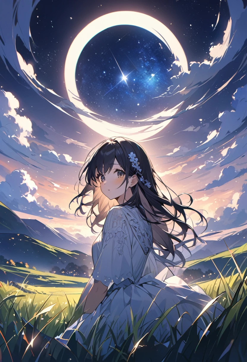 Attention to detail, Super Detail, Ultra-high resolution, A girl in the grass, The moon behind the girl,The moonlight shining down on her, The background is a starry sky,The moon is on the right side near the center of the whole image.,The girl is looking at the starry sky in the grassland,The moonlight that falls on the girl is only a little, Nothing but moonlight,Reduce the moonlight,Add a fantastical atmosphere
