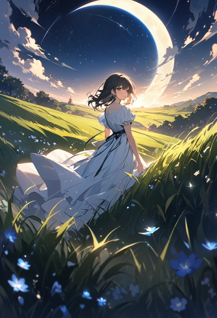 Attention to detail, Super Detail, Ultra-high resolution, A girl in the grass, The moon behind the girl,The moonlight shining down on her, The background is a starry sky,The moon is on the right side near the center of the whole image.,The girl is looking at the starry sky in the grassland,The moonlight that falls on the girl is only a little, Nothing but moonlight,Reduce the moonlight,Add a fantastical atmosphere 