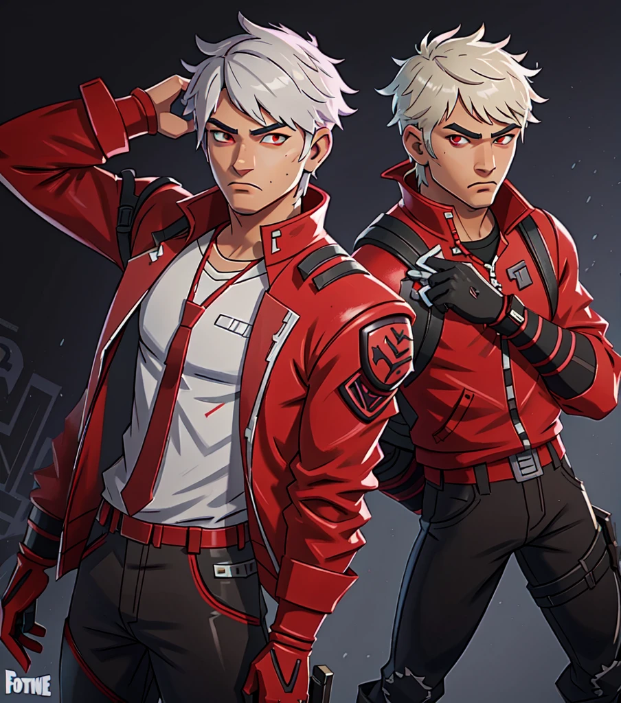 a 1man, fortnite, (fortnite style, fortnite skin:1.3), red jacket and dark pants,, white medium length hair, dante, dante from devil may cry, demon slayer, bristle, posing, detailed eyes, red eyes, eyes contact, high quality