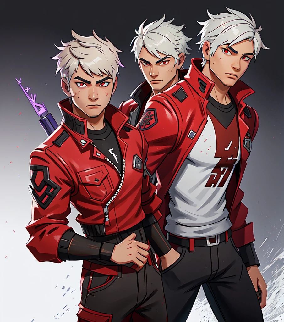 a 1man, fortnite, (fortnite style, fortnite skin:1.3), red jacket and dark pants,, white medium length hair, dante, dante from devil may cry, demon slayer, bristle, posing, detailed eyes, red eyes, eyes contact, high quality