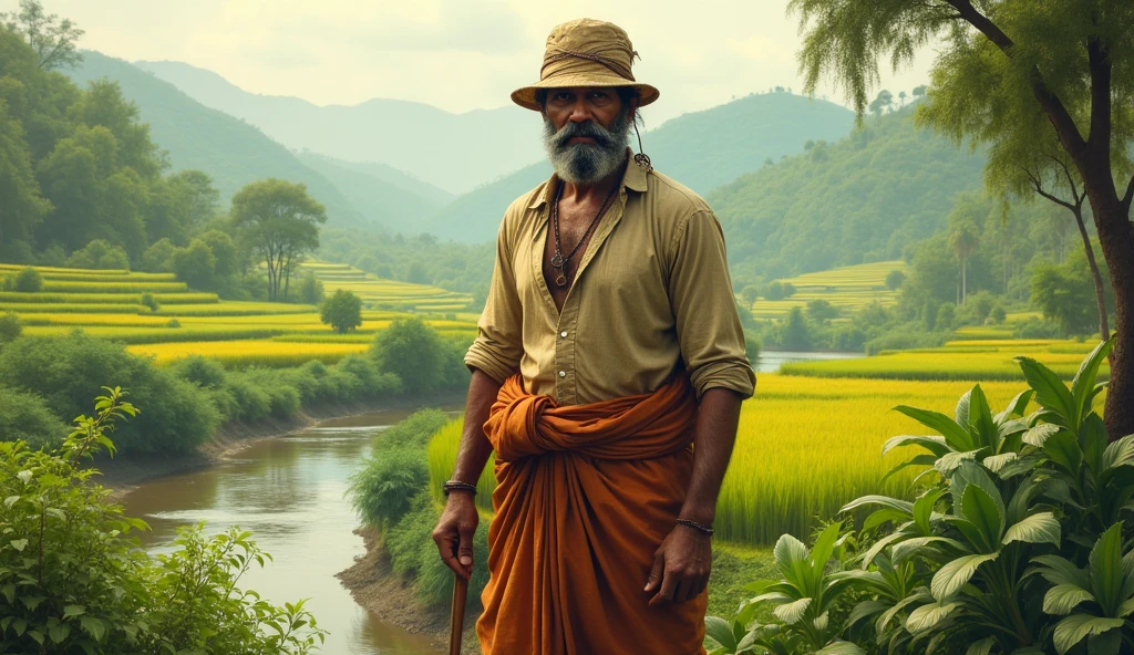In this image Can you add a man wearing farmer dress like indian traditional