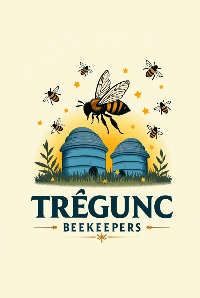 Logo with writing: MJC Trégunc beekeepers. 

A beautiful bee and bees flying in the background : two blue hives 
