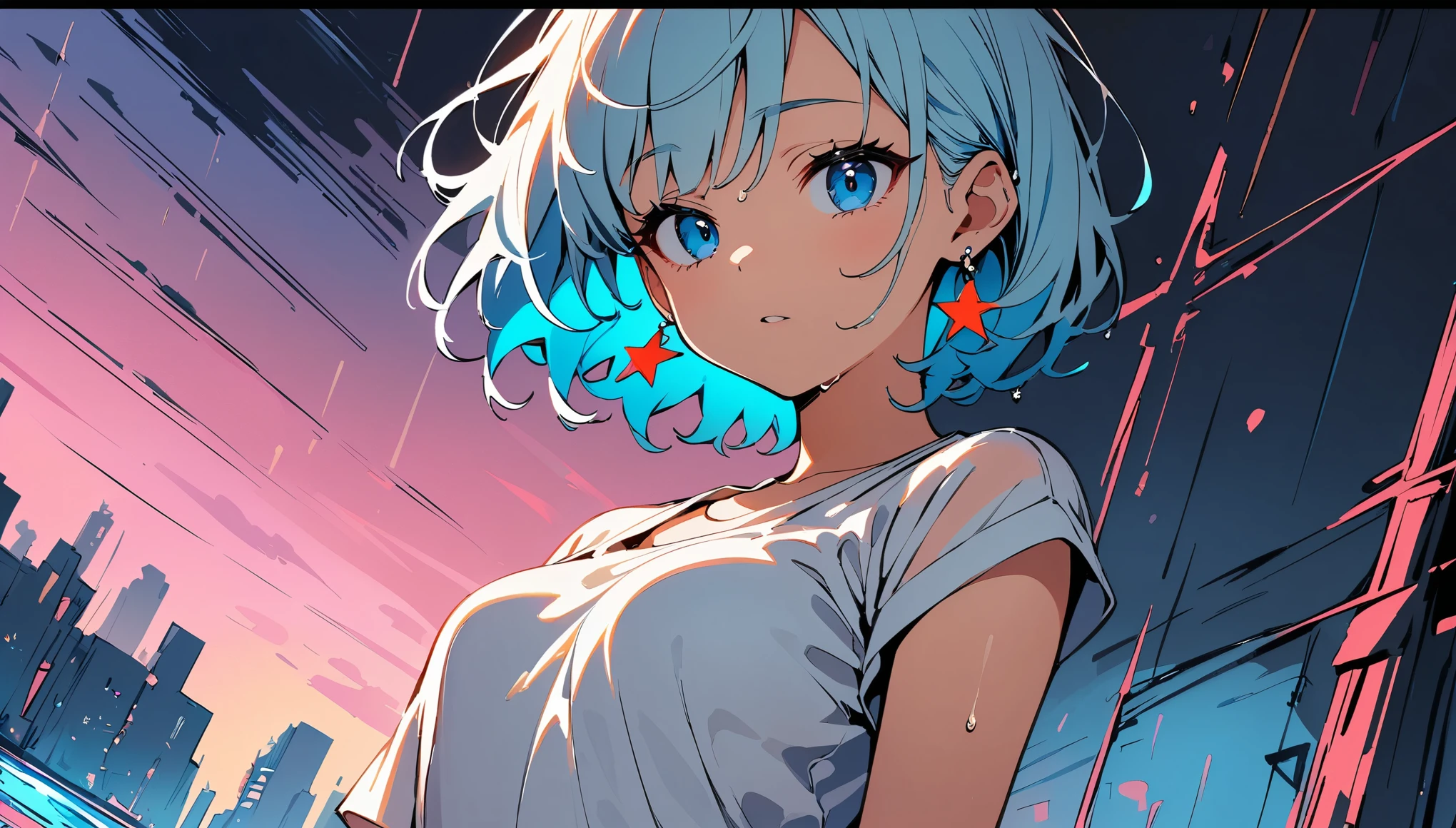 (high quality, 8k, 4K, High Contrast, masterpiece:1.2, 最high quality, Best aesthetics), (Dynamic Angle), ((1 female teen)), ((Plain and bright background)), ((Flat Color)), (White T-shirt on the upper body), ((Plain T-shirt)), (jeans), Looking at the audience, Upper Body, Transparent Background, Sleepy eyes, High Contrast, Contrasting colors, Cowboy Shot, Pale pink and blue lighting, ((Short Hair)) , Light blue hair, Small star-shaped earrings in both ears, watch, bright eyeshadow, Cool look, Small Tits, Her camisole is visible through her T-shirt ,　Clothes that are wet.　Raining background,
