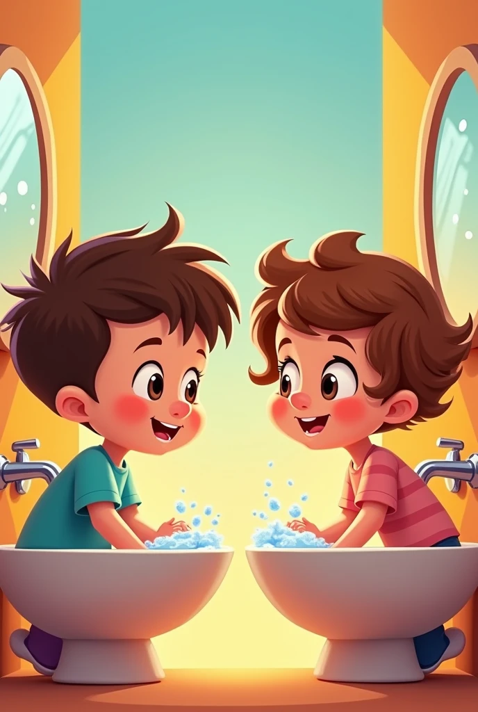 A boy and girl washing hand in sperate sink with soap in cartoon version

