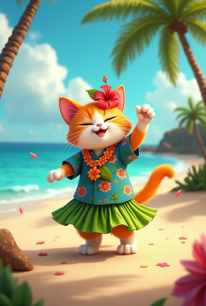 Cute cat dancing hula on the beach in Hawaii。
She has a hibiscus on her head。Aloha Shirt。Rey's Necklace。Palm Tree。