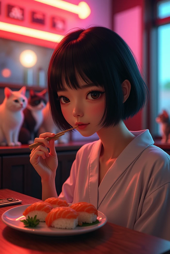 Yumi with short black hair, Caucasian skin, slim, , mixed race Japanese woman eating sushi, local restaurant made of sushi, Neon Lighting, in the background cats sitting on chairs eating sushi