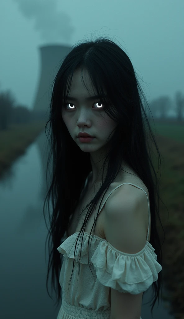 Depressed girl、Long black hair、Small Nose、Skinny body、Glowing white eyes、Thin lips、Dirty white dress、Upper Body、Close-up、Real、Aerial1Stationary in meters、Thick Fog、Nuclear power plant at night、Black rain