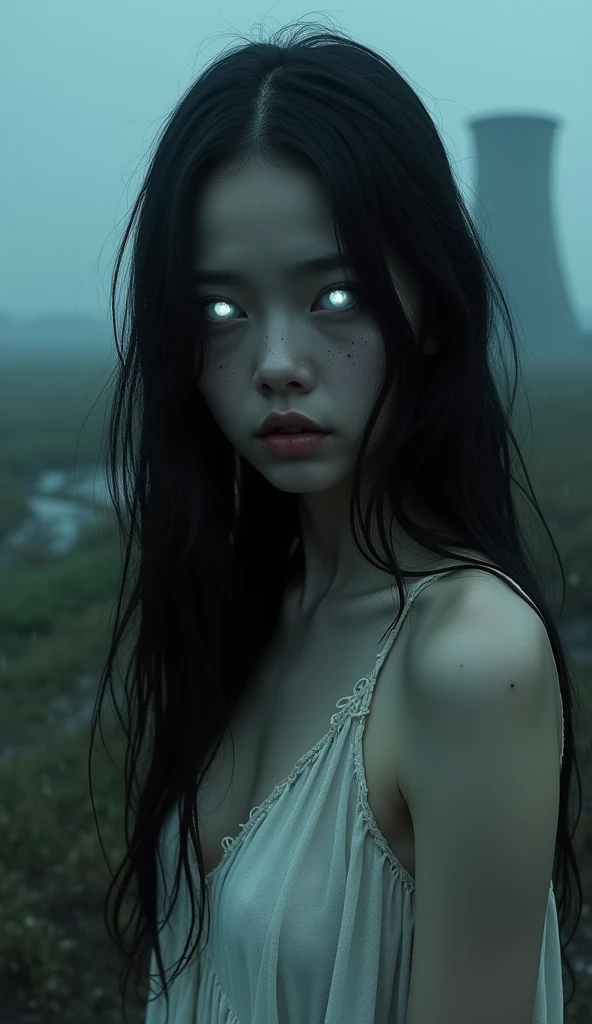 Depressed girl、Long black hair、Small Nose、Skinny body、Glowing white eyes、Thin lips、Dirty white dress、Upper Body、Close-up、Real、Aerial1Stationary in meters、Thick Fog、Nuclear power plant at night、Black rain