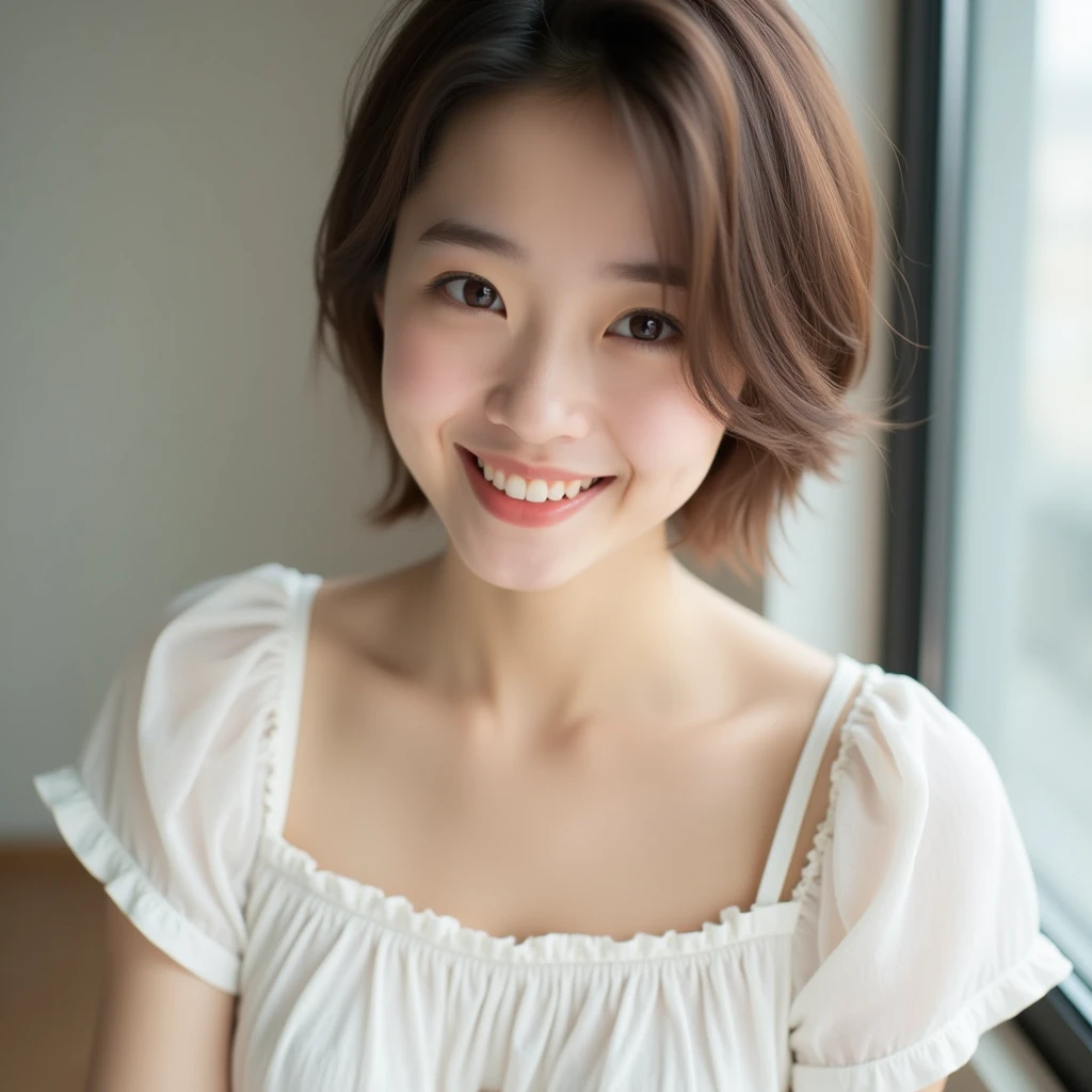 masterpiece,best quality,(Japanese ),((Beautiful girl)),cleavage,indoor,(perfect body beauty:1.2),(shy smile),beautiful teeth,