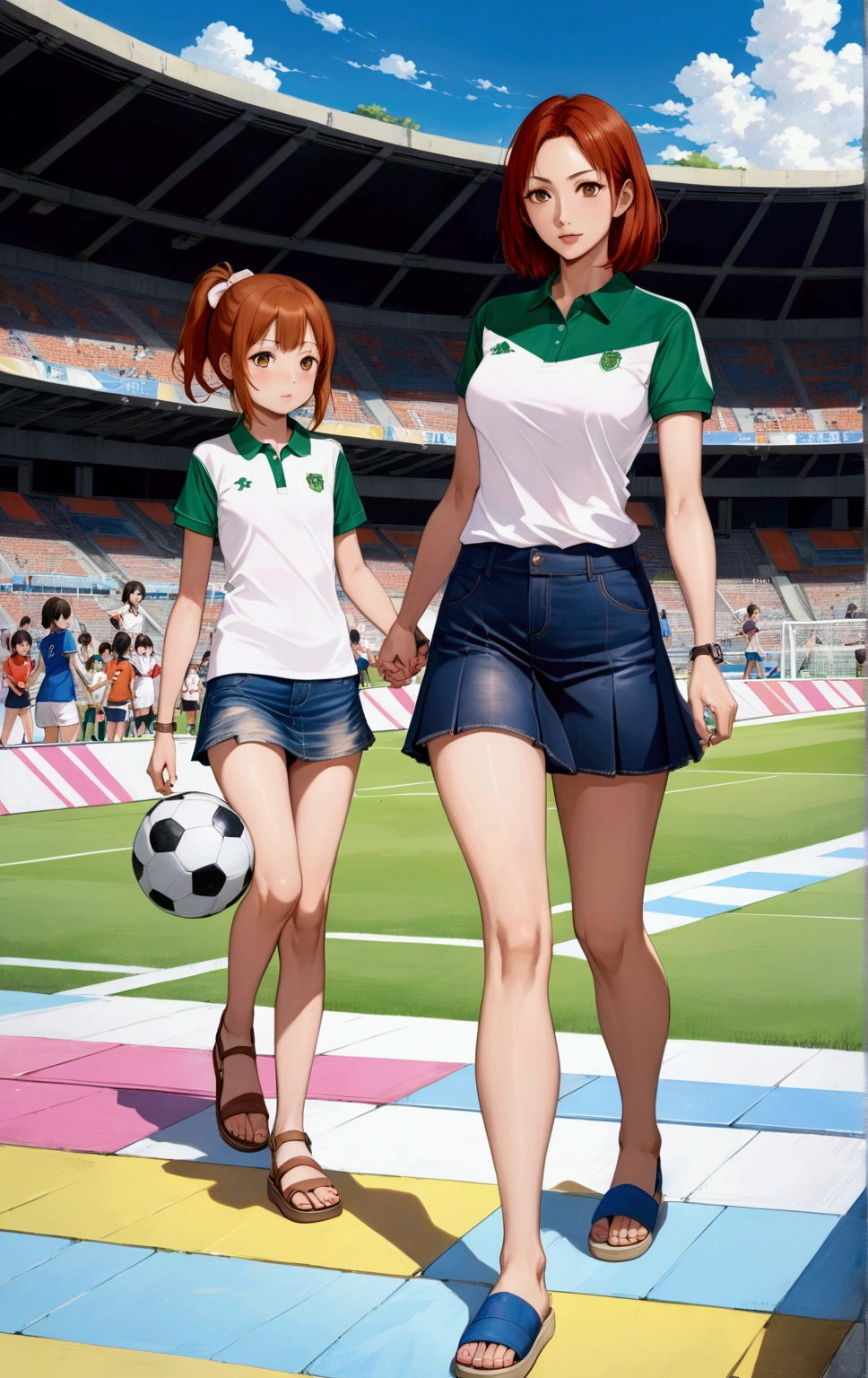 realistic anime illustration of mother and daughter are walking together at the outside of soccer stadium, (mom wears polo shirt, denim skirt, sandals), (daughter wears soccer shirt, pleated skirt, sneakers), (2girls, full body), (masterpiece, best quality, japanese anime style), (expressive eyes, perfect face, perfect anatomy)