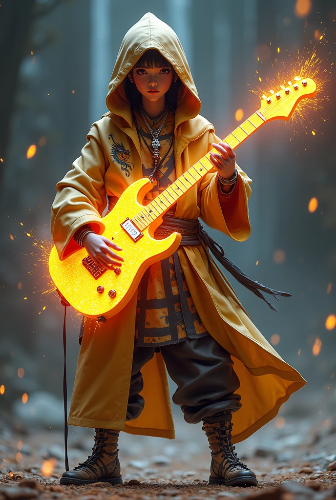Personnage inspiré ninja rocker avec une guitare électrique qui ressemble a une étoile sur le milieu avec des effet scintillante est éclatant d'étoiles une étoile sur le milieu de la guitare avec une étoile filante sur la guitare un costume de ninja avec une capuche de ninja avec un dragon dessiné sur sa capuche Des chaussures de métal avec des pique sur c'est chaussure des motif sur sont qui sont jaune clair orange pâle est noir des yeux noir est blanc un collier en forme d'étoiles sur sont cou est un côté de combattant dangereux