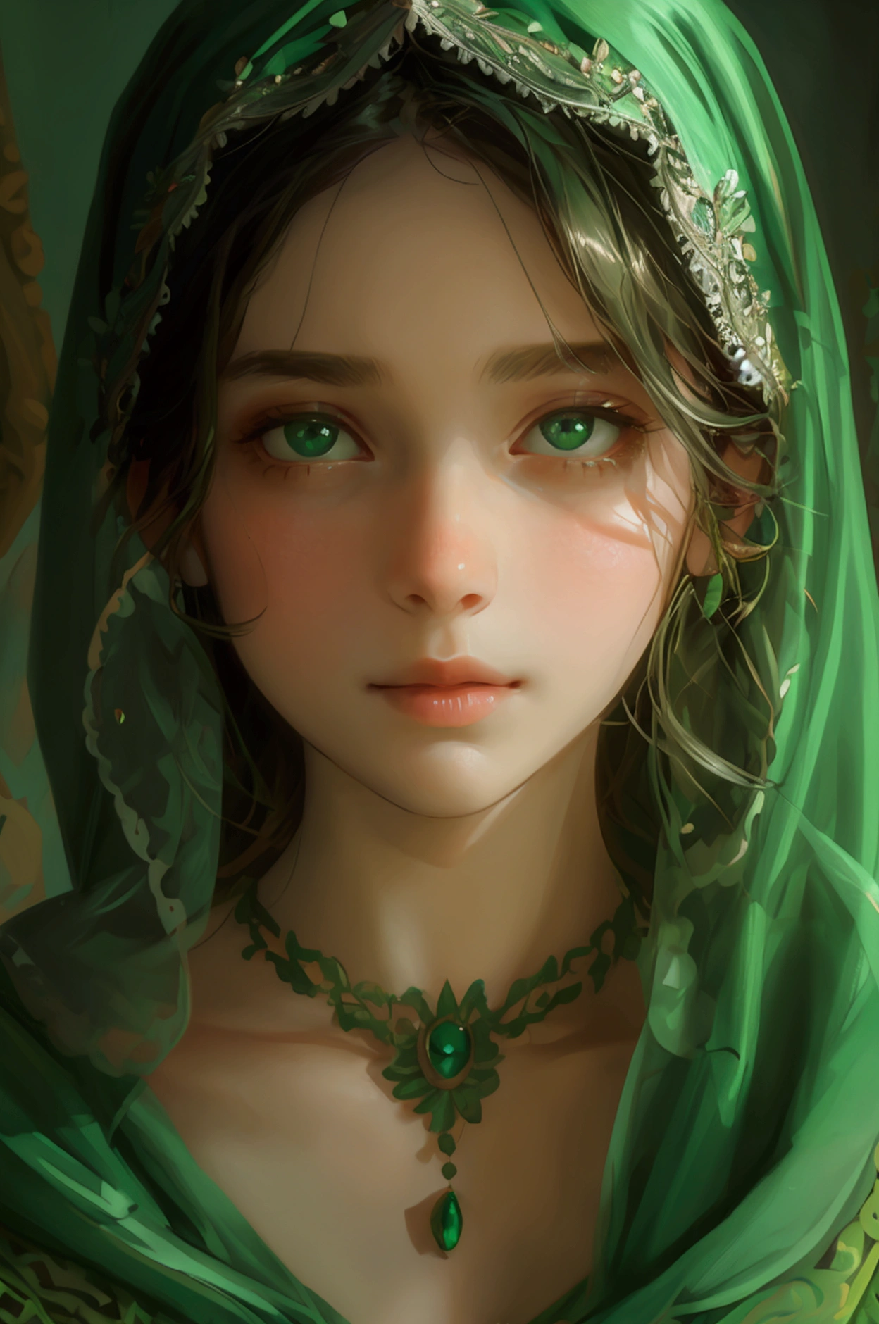 a girl in green dress showing keep quit secreat things, like she knows secreats, face full of secrears expressions