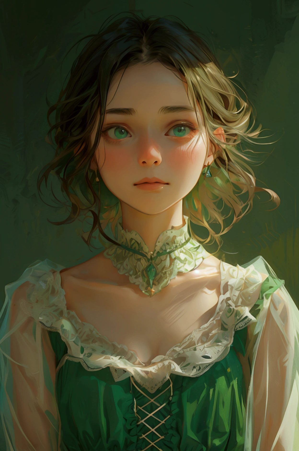 a girl in green dress showing keep quit secreat things, like she knows secreats, face full of secrears expressions
