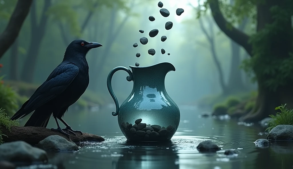 The water level in the pitcher is rising, the water is coming up by throwing stones. Crow