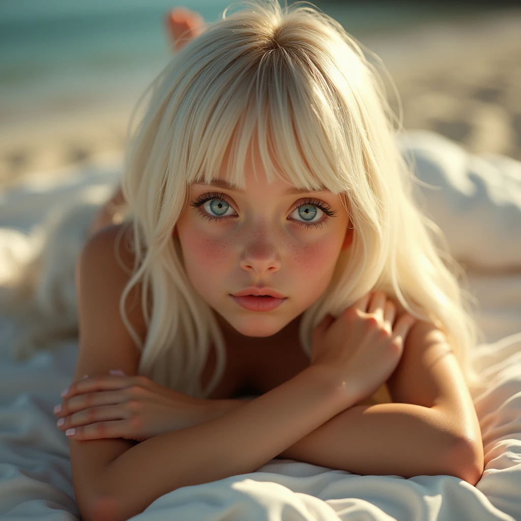 beautiful innocent blonde girl、beautiful, Shiny, Super long, Natural platinum blonde hair、Bangs falling in front of her eyes、((Wearing an open white T-shirt,Dramatic Pose)),Sexy Looks,Super longストレートブロンドの絹のような髪,dazzling blonde reflected light、Bed Background,Beach Background、RAW Photos, (8k、Highest quality、masterpiece:1.2)、(Intricate details:1.4)、(Realistic:1.4)、Octane Rendering、Intricate 3D rendering Very detaileded, Studio Soft Light, Rim Light, Sharp details, Very detailed, Realistic skin texture, Cheek Gloss Highlighter、detailed aspects, とてもbeautiful大きな明るい水色の目, Very big eyes、Very detailed CG Unity 16k 壁紙, Perfect small face beauty、Round face、Compensate, (Detailed Background:1.2), Glowing Skin, whole body、From head to thighs、Cleavage,((Sleep on your back、Top view angle))