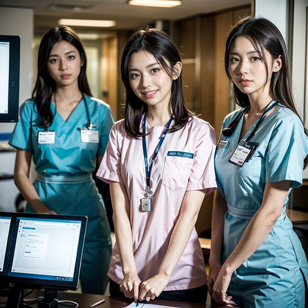 A group of three or more beautiful and elegant nurses working diligently at a modern, high-tech nurse station. Each nurse is dressed in clean, crisp uniforms, with gentle smiles, exuding professionalism and warmth. The nurses are interacting with each other and attending to tasks, creating a collaborative and dynamic atmosphere. The nurse station is well-lit, with medical equipment in the background, capturing the atmosphere of a busy yet orderly hospital environment. The image should be in ultra-high definition, showcasing the natural beauty of the nurses and the details of their surroundings.