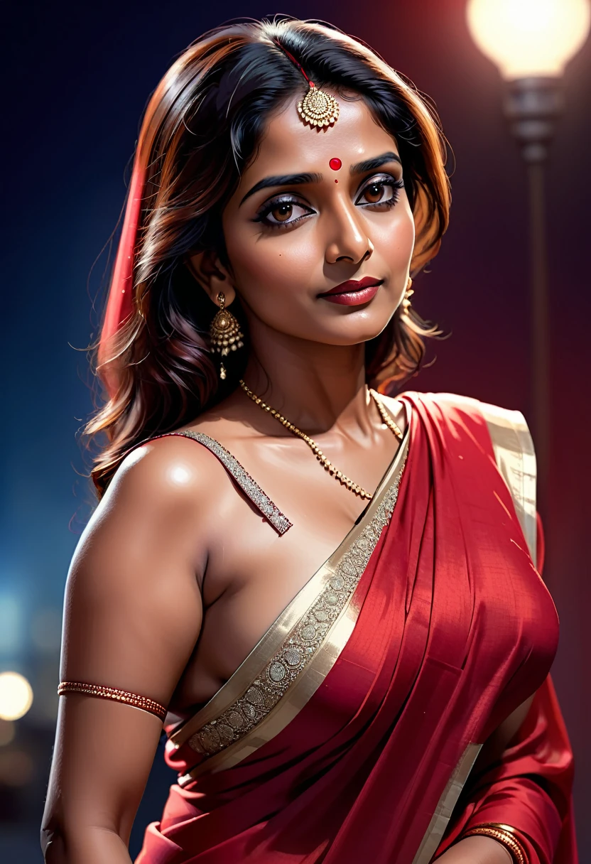 digital illustration of an indian 40 year old lady wearing simple red saree with white border, seductive expression on face, sleeveless, seductive, side pose, big boobs, night bluish dark ambience, body shown upto hip