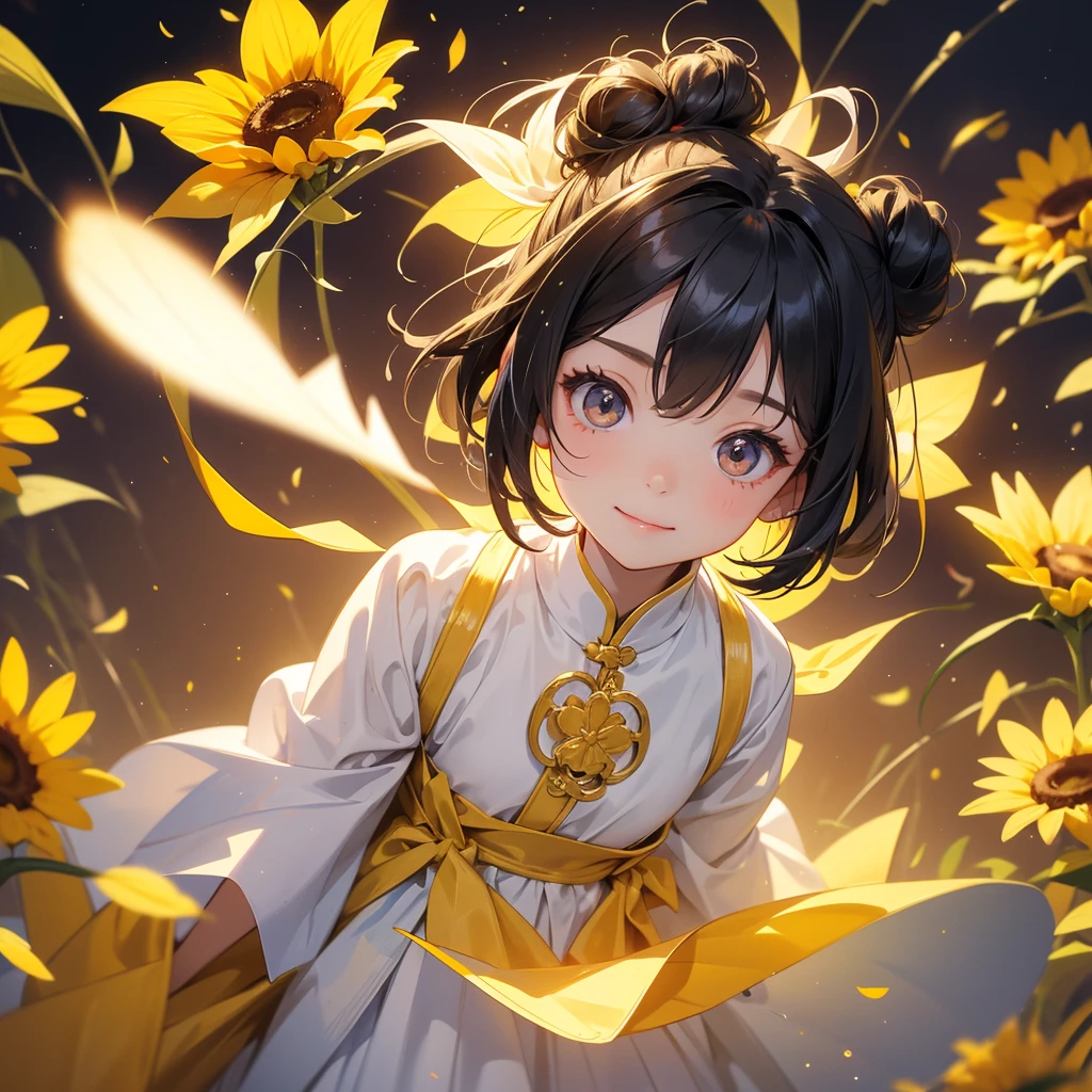 A chibi child girl had a small face and Wearing a white little Taoist priest's outfit. A pair of big round eyes shone with curiosity about him. This child was so cute!, Burning joss paper and gold paper for the departed spirits, her hair is black with two buns on her hair.small chibi, chibi baby, smiling.The little chibi baby looked up with his chest raised, and his face was old and proud.
Strolling among the sunflower fields Glowing yellow,